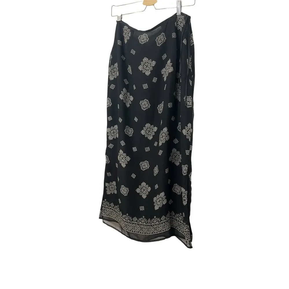 Vintage 90s 100% Silk Black Midi Skirt Geometric Whimsigoth M - Picture 7 of 9